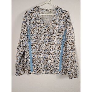 Liz Golf Women's XL Floral Blue Brown V-Neck Long Sleeve Pullover Top Shirt